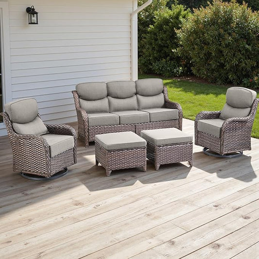 Wicker Outdoor Patio Furniture Set - 5 Piece Patio Conversation Sets with Swivel Rocker Chairs, Ottomans and Sofa, 6 inch Cushions, Waterproof Wicker, for Porch Deck Brown/Beige