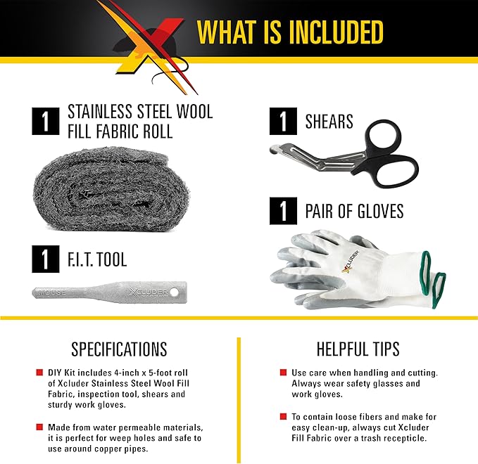 Xcluder Rodent Control Fill Fabric, Large DIY Kit with Inspection and Fit Tool, Stainless Steel Wool, Stops Rats and Mice