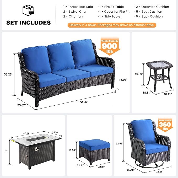 ovios 7 Pieces Patio Furniture Set, Outdoor Wicker Sofa Couch with Swivel Chairs 42" Fire Pit Table, All Weather High Back Modern Conversation Sets, Brown Rattan, Navy Blue
