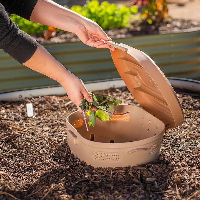Vego Garden In-Ground Worm Composter Outdoor Farm Compost Bin 7 Gallons BPA-Free Composting System for Raised Garden Beds, Tawny Brown