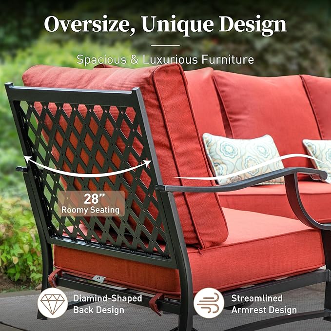 6 Piece Metal Outdoor Patio Furniture Set, Patio Conversation Set 1 3-Seater Sofa, 2 Rocking Chair, 2 Ottomans with 5.75" Thick Cushion and Coffee Table, Black Backyard Furniture, Red