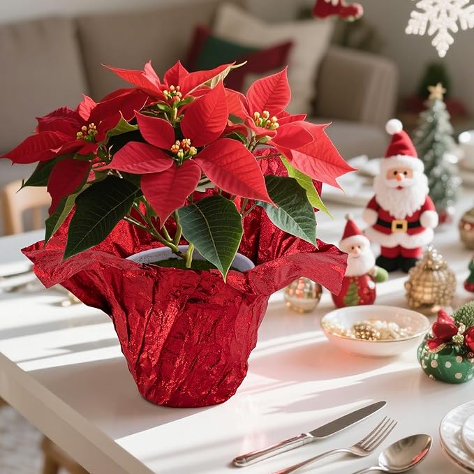 Adnee 2 Roll 10 Yard Floral Foil Plant Pot Covers,Matte Texture Christmas Plant Pot Foil,Red Floral Pot Wrapping Paper for Christmas Home Flower Pot DIY decor