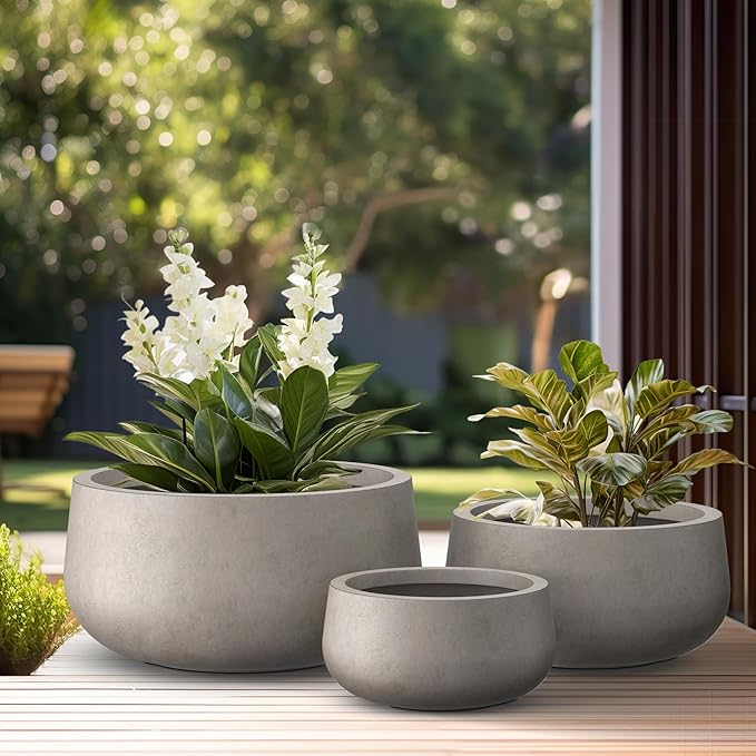 Kante 19.6",15.7",11.8" Dia Round Concrete Planters Set of 3, Outdoor Indoor Garden Plant Pots with Drainage Hole and Rubber Plug, Modern Curvaceous Design, Weathered Concrete