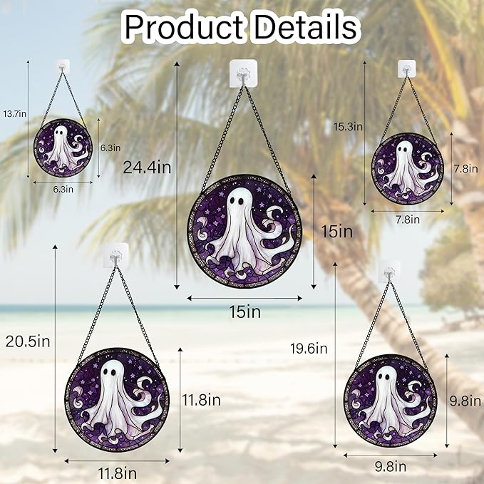 Stained Glass Window Hanging - Halloween Decorations White Ghost Purple Stars Suncatcher for Doors Garden Spooky Funny Sun Catchers Gothic Decor Horror Gifts for Women Men Friend 11.8 in