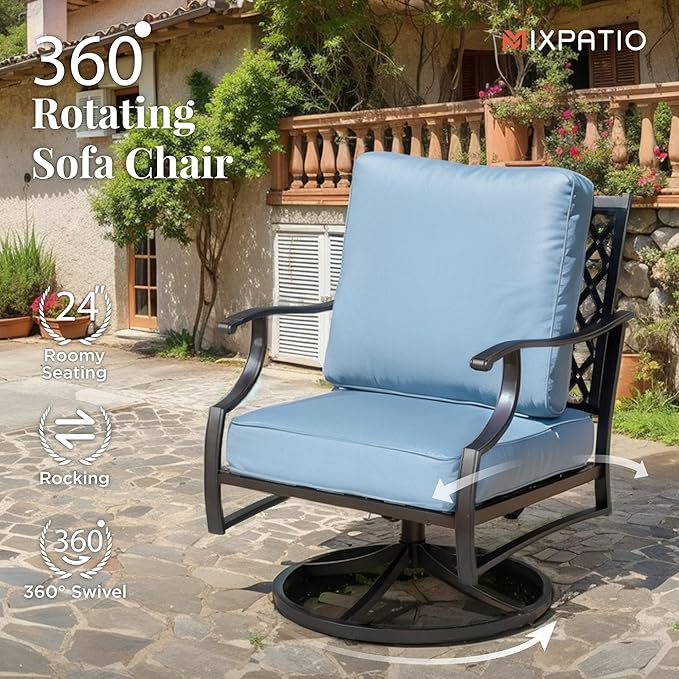 Patio Furniture Set 7 pcs, Outdoor Patio Furniture, 3-Seat Sofa, 2 Single Chairs, 2 Swivel Chairs, 2 Ottomans and 5.75" Extra Thick Cushion, Patio Conversation Set for Backyard Deck,Blue