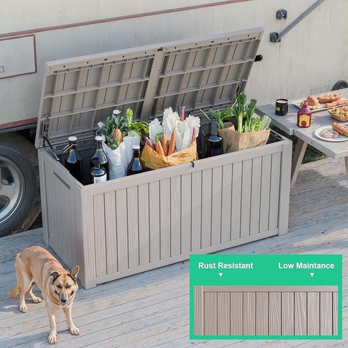 180 Gallon Large Deck Box,Resin Outdoor Storage Box with Lockable for Patio Furniture, Garden Tools Waterproof Outside Storage Box, Grey