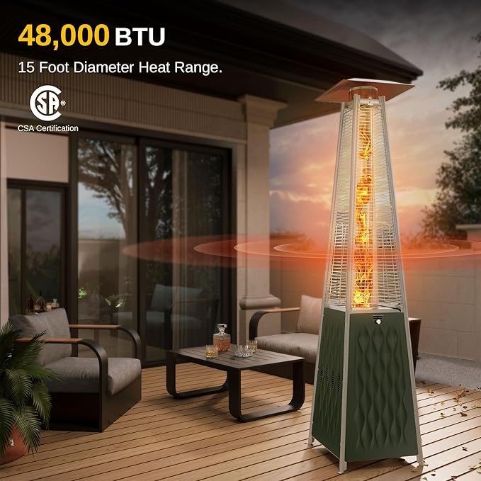 EAST OAK Pyramid Patio Heater, 48,000 BTU Outdoor Patio Heater, Quartz Glass Tube Propane Heater, Triple Protection System, Outdoor Heater with Wheels, Green, Outdoor Heater with Cover