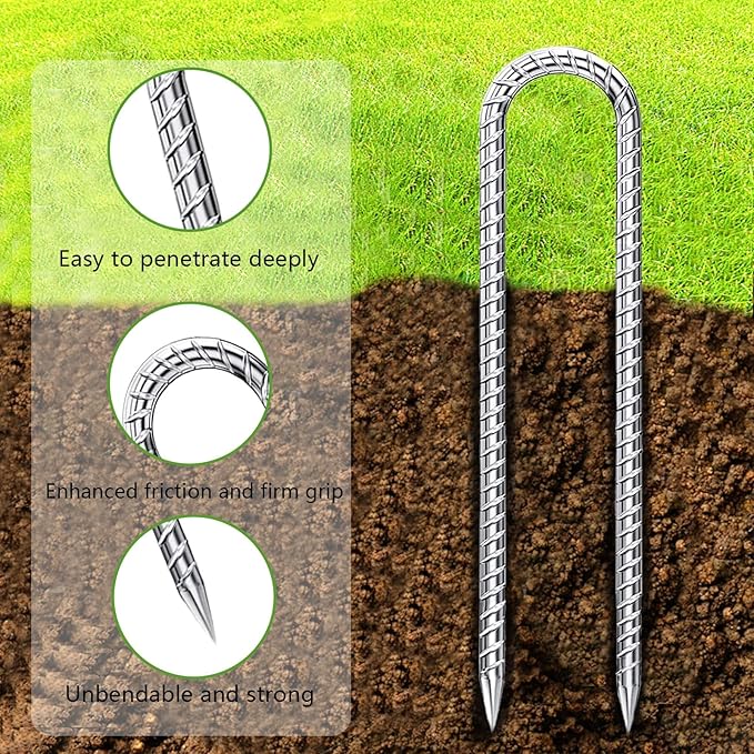 Rebar-Stakes-12-Inch-Galvanized, U Hook Trampoline Stakes 20 Pack Ground Anchors Tent Stakes Heavy Duty for Plants Anti-Rust Landscape Fabric Stakes Artificial Turf