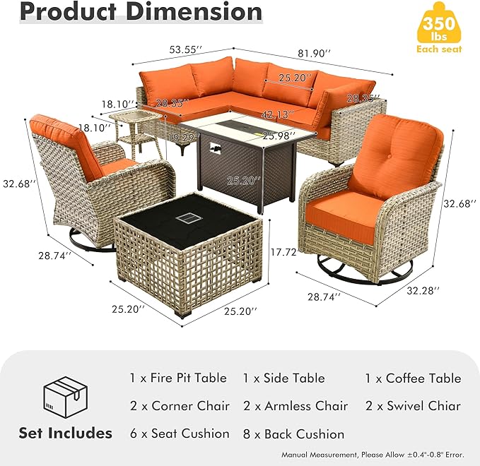 HOOOWOOO Outdoor Patio Furniture Set with Fire Pit Table,9 Pieces Wicker Out Door Sectional Furniture L Shaped Couch,Outside Patio Conversation Sets Swivel Chair,Brick Red