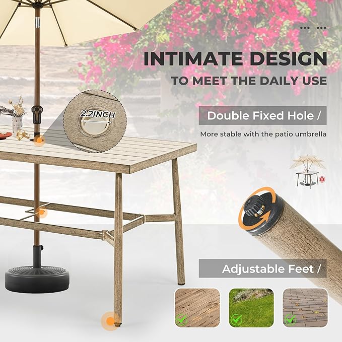 HAPPATIO 7-Piece Outdoor Dining Set for 6, Aluminum Patio Dining Set Includes 6 Dining Chairs and 1 Large Rectangular Table with Umbrella Hole, Patio Furniture Set for Lawn, Porch, Backyard, Brown