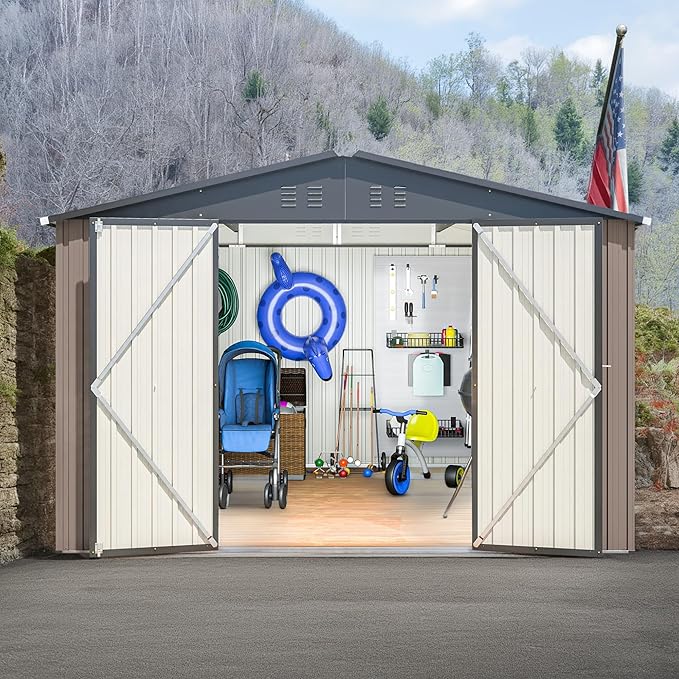 10X10 FT Outdoor Tool Storage Shed with Metal Foundation & Lockable Doors, All Weather Metal Sheds for Garden, Patio, Backyard, Lawn, Brown