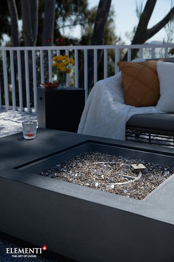 Elementi+ | Bundle Cannes Gas Fire Pit Cast Concrete 60" Rectangular Fire Table, Outdoor Fire Pit Electronic Ignition | Canvas Cover, Fire Glass and Burner Lid Included | Dark Gray | Propane Gas