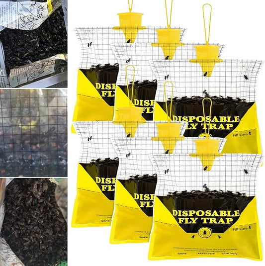 Glovv Fly Traps Outdoor Hanging with Bait, 6 Pack Disposable Flies Bags Hunter Ranch Trap, Control Bug Catcher Killer Repellent for Stable Horse Barn & Farm