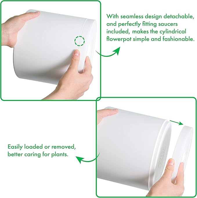 D'vine Dev 6 Inch 6.5 Inch 8 Inch, Set of 3 Plastic Planter Pots for Plants with Drainage Hole and Seamless Saucers, White Color, Medium, 74-V-A-3