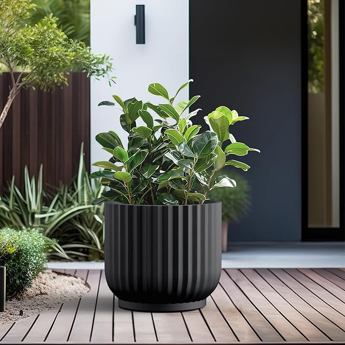 Kante Round Fulted Planter, 16.7 Inch Dia Large Concrete Plant Pots with Drainage Hole and Rubber Plug, Modern Decor for Indoor Outdoor Plants, Flower, Black