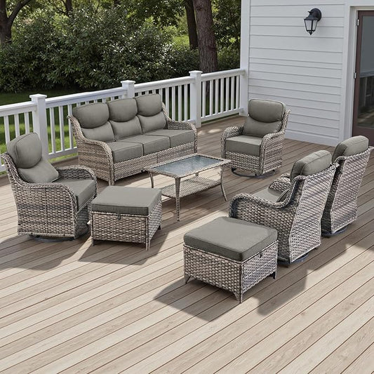 Wicker Outdoor Patio Furniture Set - 8 Piece Patio Conversation Sets with Swivel Rocker Chairs, Ottomans, Sofa and Table, 6 inch Cushions, Deep Seating, for Porch Deck Mixed Grey/Grey