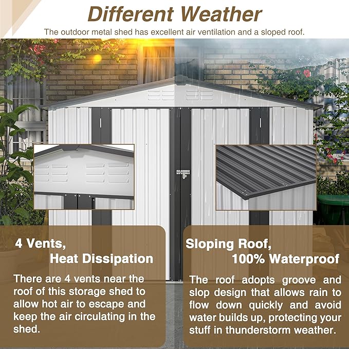 10X8 FT Outdoor Storage Shed, All Weather Metal Sheds with Lockable Doors, Tool Shed for Garden, Patio, Backyard, Lawn (White, 8x6 ft)
