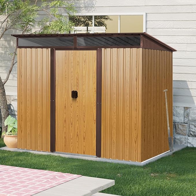 8x6 FT Outdoor Metal Storage Shed with Lockable Sliding Doors and Transparent Plate - Patio Shed for Backyard, Garden, Lawn (Coffee)