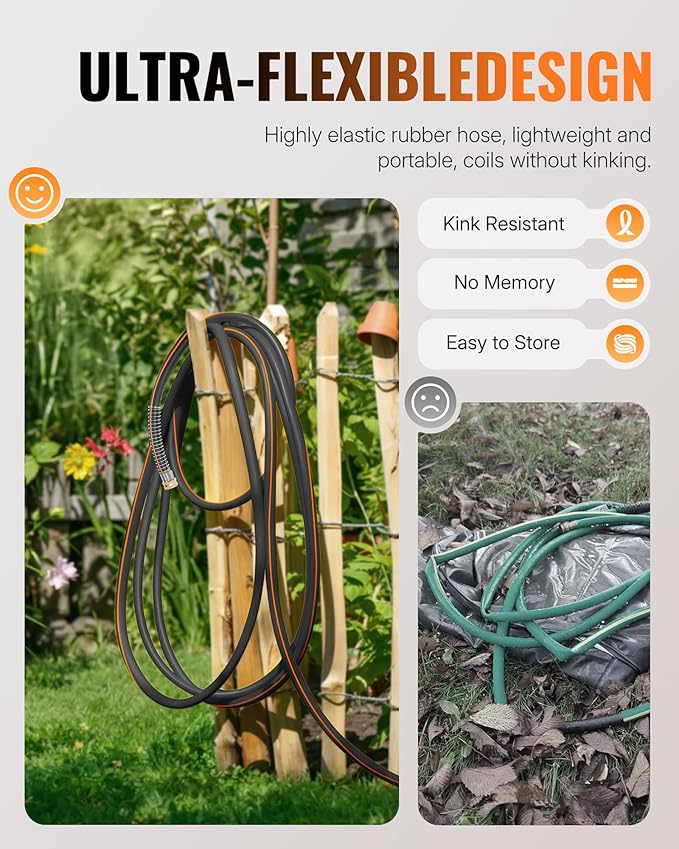 50FT x 5/8" Rubber Garden Hose, Heavy Duty Rubber Garden Water Hose, 300 PSI Working, 1000 PSI Burst, Swivel Handle with Stainless Steel Ring, 5-Layer Braided, All-Weather Outdoor Use