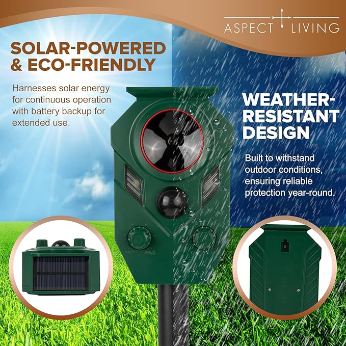 2 Pack Solar Ultrasonic Animal Repeller Outdoor – Motion Sensor Activated Deer Repellent with Flashing Lights & Sound, IP65 Waterproof, Deterrent for Cats, Dogs, Raccoons, Skunks, Birds