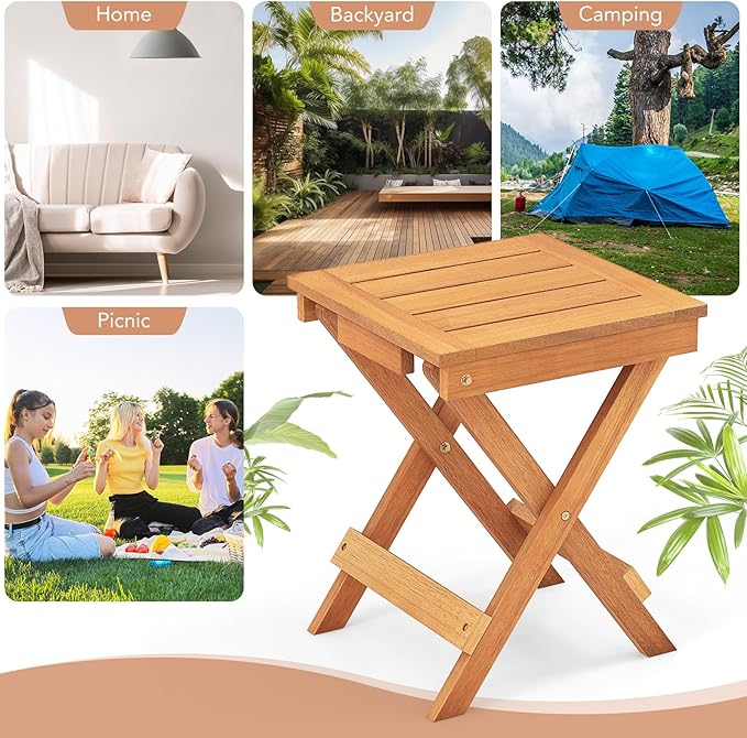Tangkula Outdoor Folding Side Table, Wood Patio Bistro Table with Slatted Tabletop & X-Shaped Legs, Portable Square Coffee Table for Garden, Poolside, Camping, Picnic, 14" x 14" x 18" (2, 14 inches)
