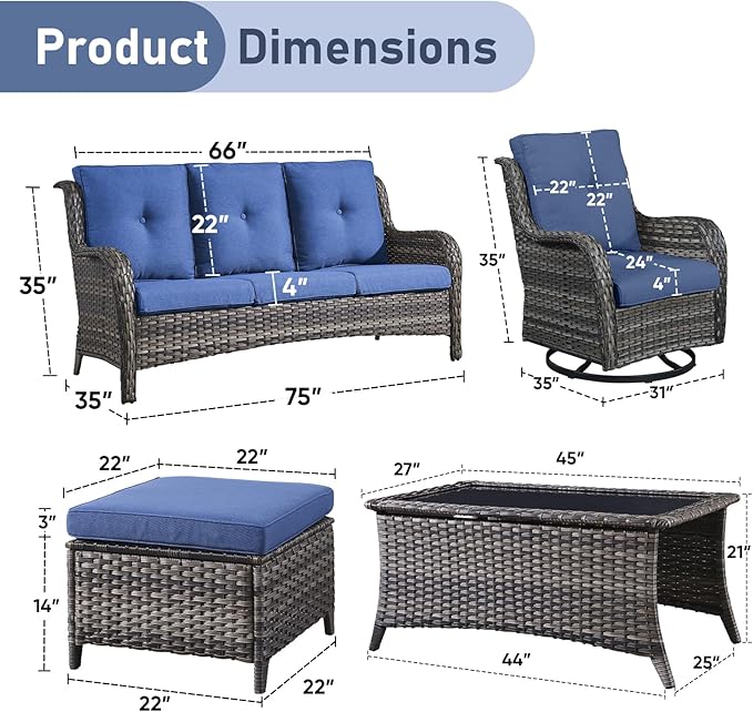 Wicker Outdoor Conversation Set-6 Pieces Outdoor Wicker High Back Couch with Swivel Rocker Chairs Patio Furniture for Deck Poolside Backyard-Grey/Blue