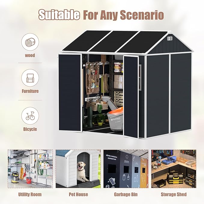 Outdoor Storage Shed 8x7 FT, Resin Shed with Floor & Window, Lockable Door, Vents, Outside Sheds & Garden Shed for Patio Furniture, Gardening Tools, Pool Equipment (Dark Gray, 8 * 7ft)