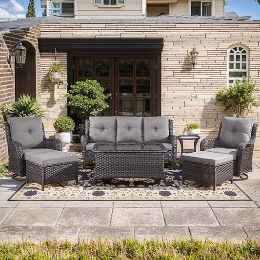 Wicker Rattan Patio Furniture Set - 7 Pieces Outdoor Couch with Swivel Chairs, Ottomans and Coffee Table for Deck, Poolside, Backyard - Brown/Grey