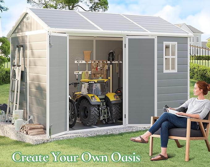 10.5x7.6x7.5 ft Outdoor Resin Storage Shed with Floor, Windows & Air Vents, Large Waterproof Tool Shed for Garden, Backyard, Lawn Equipments & Bikes, Grey