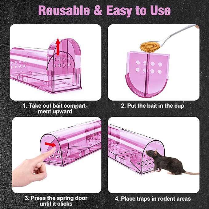 4 Pcs Humane Mouse Traps No Kill, Live Mouse Traps Indoor for Home, Reusable Mice Small Rat Trap Catcher for House & Outdoors(Pink)