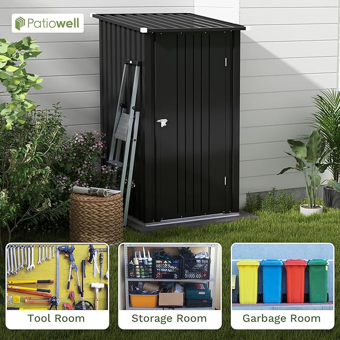 Patiolife 3 x 3 FT Metal Storage Shed, Small Patio Tool Shed with Sloping Roof & Lockable Door, Outdoor Garden Steel Shed for Backyard, Lawn, Easy-Assembly Black
