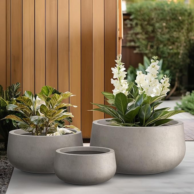 Kante 19.6",15.7",11.8" Dia Round Concrete Planters Set of 3, Outdoor Indoor Garden Plant Pots with Drainage Hole and Rubber Plug, Modern Curvaceous Design, Weathered Concrete