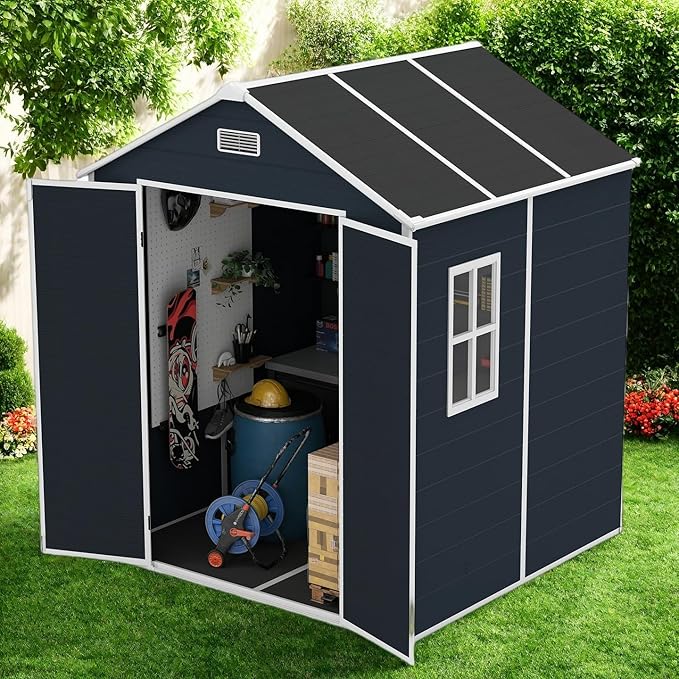 Outdoor Storage Shed 6x6 FT, Resin Shed with Floor & Window, Lockable Door, Vents, Outside Sheds & Garden Shed for Patio Furniture, Gardening Tools, Pool Equipment (Dark Gray, 6 * 6ft)