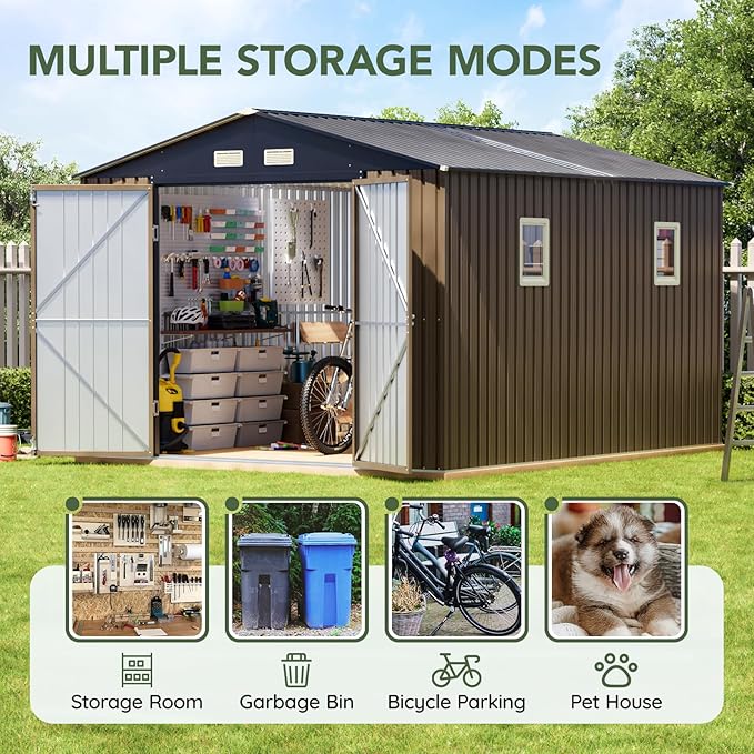 10x12 FT Outdoor Metal Storage Shed, Double Swing Doors, 2 Clear Windows, Replaceable Skylight Roof Panel, Tool Shed for Garden, Patio, Backyard Brown