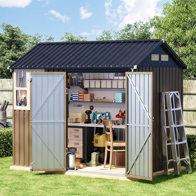 8x6 FT Outdoor Metal Storage Shed with Floor Frame, Double Doors, 1 Clear Window, Tool Shed for Garden, Patio, Backyard Brown