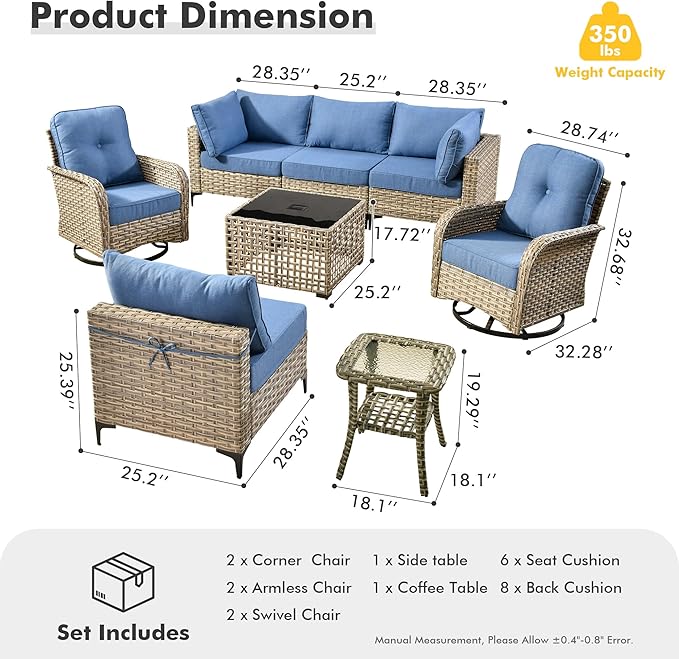 HOOOWOOO Outdoor Patio Furniture Set,8 Pieces Wicker Out Door Sectional Furniture L Shaped Couch,Patio Conversation Sets with Swivel Rocking Chair LED Table,Blue