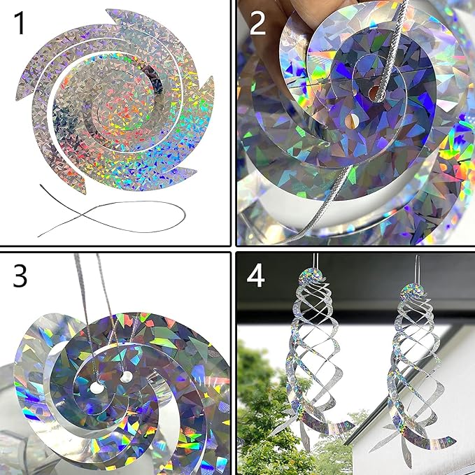 Sfcddtlg 4Pcs Bird Repellent Spiral Reflectors-15.8 Inch Hanging Reflective Bird Deterrent Device for Drive Birds Woodpeckers Pigeons Geese Away from The House Garden Swimming Pool