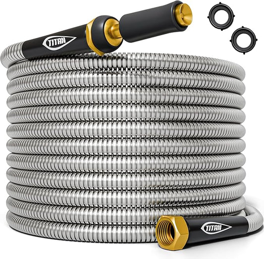 TITAN Garden Hose 50FT - 304 Stainless Steel Metal Water Hose, Flexible, Kink-Free, Lightweight, Durable, Crush Resistant Fittings, Easy to Coil, 500 PSI