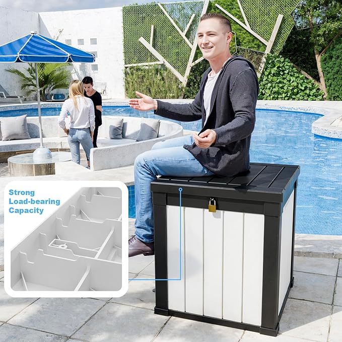 ROJIK 50 Gallon Outdoor Storage Housing Deck Box,Waterproof Patio Furniture, Garden Tools, Cushions, Pool Accessories Storage Bench with Lockable Lid and Side Handles(Black&White)