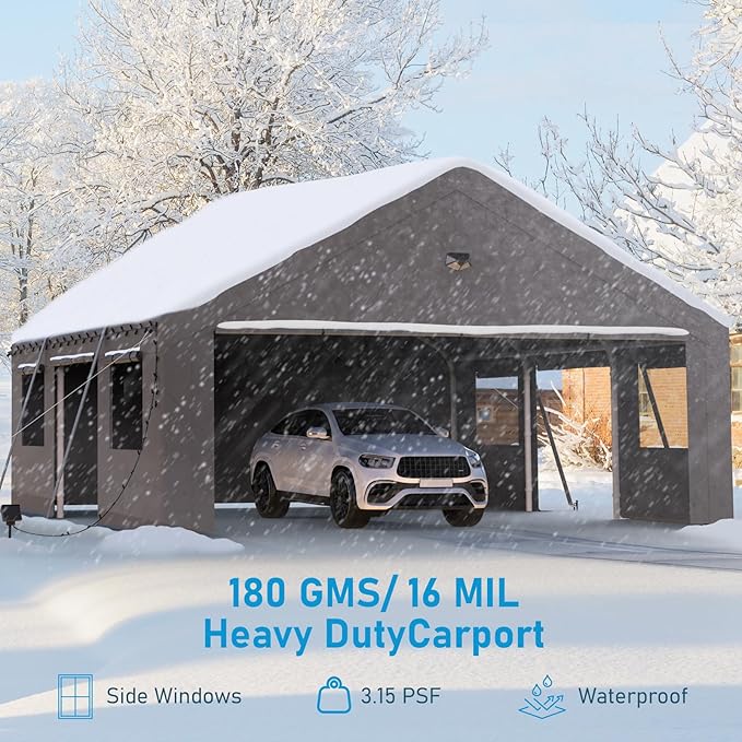 20x20 Carport Canopy, Heavy Duty Car Ports with Sidewalls, Portable Garage Carports with Roll Up Zipper End & Side Doors, Grey