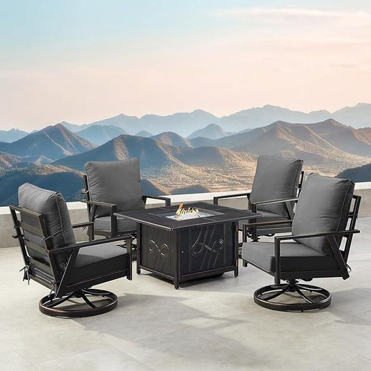 Oakland Living Black Aluminum Patio Fire Table Set with Four Club Chairs with Black Cushions