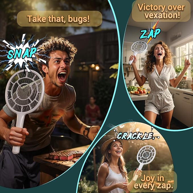 Electric Fly Swatter, Bug Zapper, Mosquito Zapper Racket | Gold Zone Voltage, Densest 3 mm Mesh, Apple-Like Weight - AA Battery Powered (not incl.) - Indoor & Outdoor, Pro Swat Tips, 2 Packs