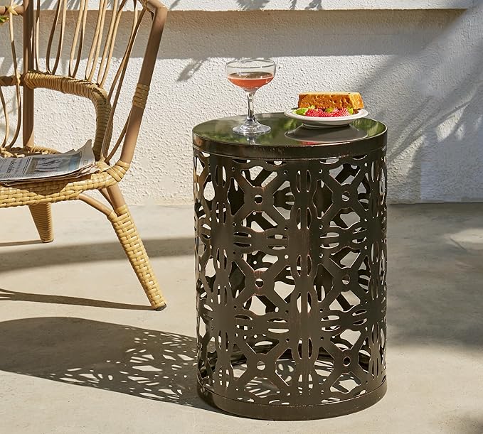 HFHOME Set of 3 Metal Outdoor Side Table, Nesting Round Coffee Table for Indoor Outdoor, Heavy Duty End Tables Plant Stand Living Room Garden Stool - Bronze