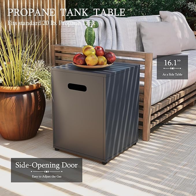 UPHA 42-inch Outdoor Propane Gas Fire Pit Table 50000 BTU Iron Round Firepit for Outside Patio with Tank Hidden Table, Wind Guard, Removable Lid, Blue Glass Rocks, Rain Cover, Dark Grey