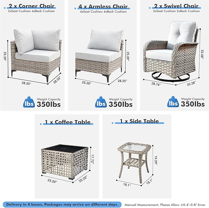 Outdoor Sectional Patio Furniture Set with Swivel Rocking Chairs,10 Pieces Wicker Conversation Sets L Shaped Couch Out Door Sofa Set Outside Furniture for Garden Deck Yard Porch,Grey