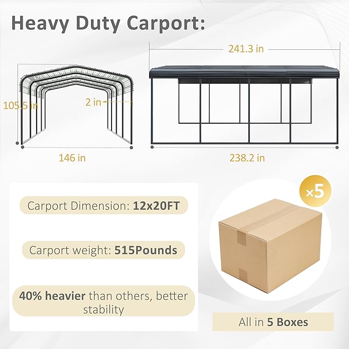 VEIKOU 12' x 20' Upgraded Steel Carport Garage, Outdoor Car Port Car Shelter Carport Canopy for SUV, Truck, Boat, Grey