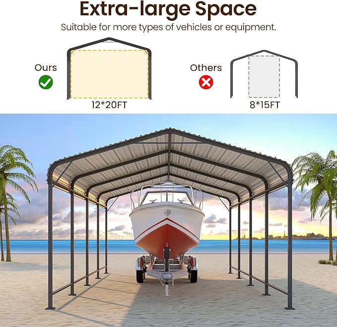 Metal Carport 12x20FT, Heavy Duty Carport Canopy with Galvanized Steel Roof, 40% Thicker Frame Metal Garage with Reinforced Base, All-Weather Outdoor Storage Car Port for Car, Camping