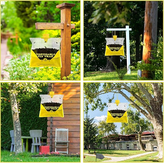 Glovv Fly Traps Outdoor Hanging with Bait, 12 Pack Disposable Flies Bags Hunter Ranch Trap, Control Bug Catcher Killer Repellent for Stable Horse Barn & Farm
