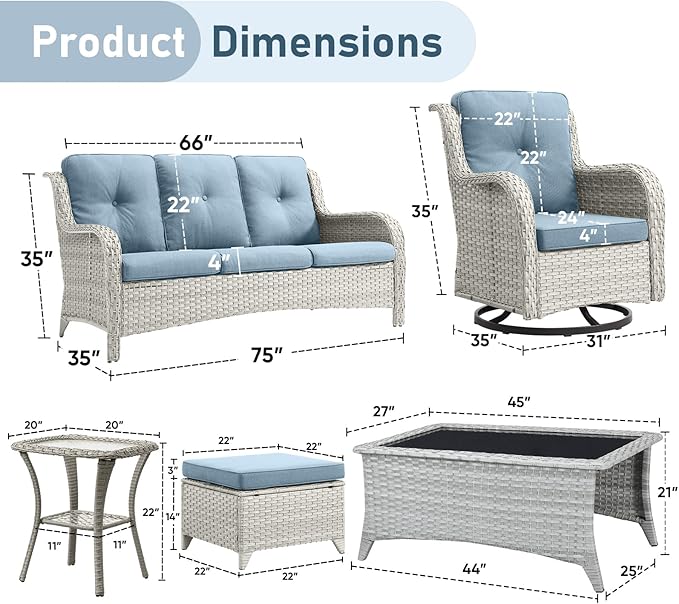 Wicker Rattan Patio Furniture Set - 7 Pieces Outdoor Couch with Swivel Chairs, Ottomans and Coffee Table for Deck, Poolside, Backyard - Light Grey/Light Blue