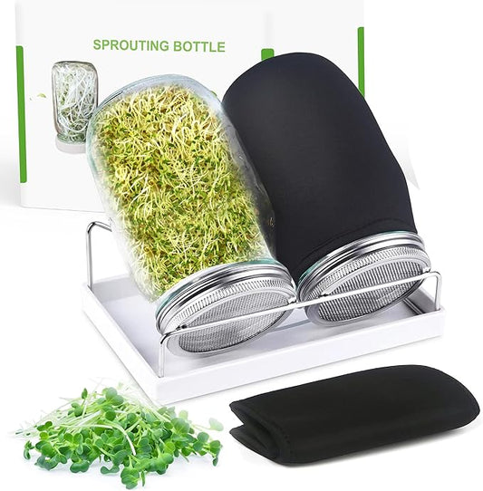 Organic Seed Sprouting Jar Kit – 2 × 32 oz Wide-Mouth Mason Jars with Stainless-Steel Sprouter Lids & Stand, Blackout Sleeves, Drain Tray – Grow Broccoli, Alfalfa & Bean Microgreens